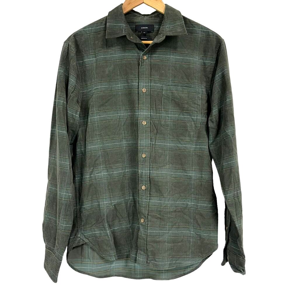Vince NWT Corduroy Green Plaid Button Up Long Sleeve Men's Size S 100% Cotton